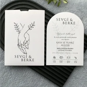 Kemerli El Ele Çizimli Yapraklı Davetiye Modeli