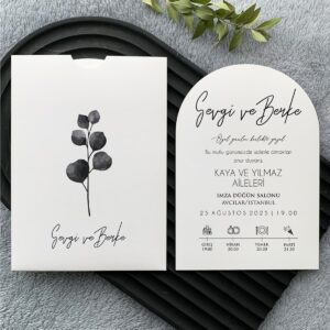 Siyah Yaprak Çizimli Oval Davetiye Modeli