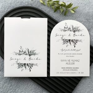 Siyah Beyaz Botanik Oval Davetiye Modeli