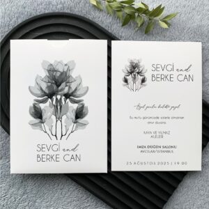 Siyah Beyaz Suluboya Çiçekli Davetiye Modeli