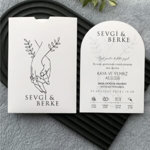 Kemerli El Ele Çizimli Yapraklı Oval Davetiye Modeli