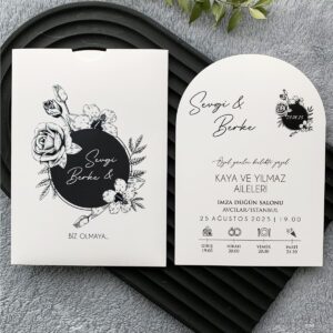 Siyah Beyaz Çiçekli Oval Davetiye Modeli