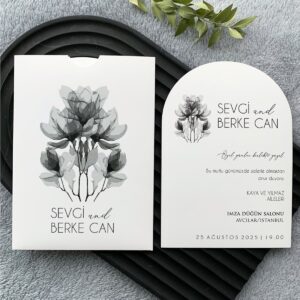 Siyah Beyaz Suluboya Çiçekli Oval Davetiye Modeli