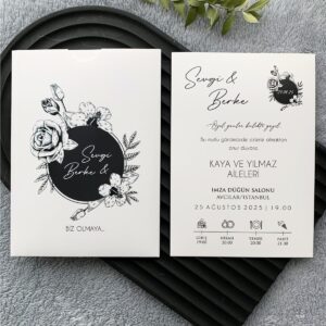 Siyah Beyaz Çiçekli Davetiye Modeli